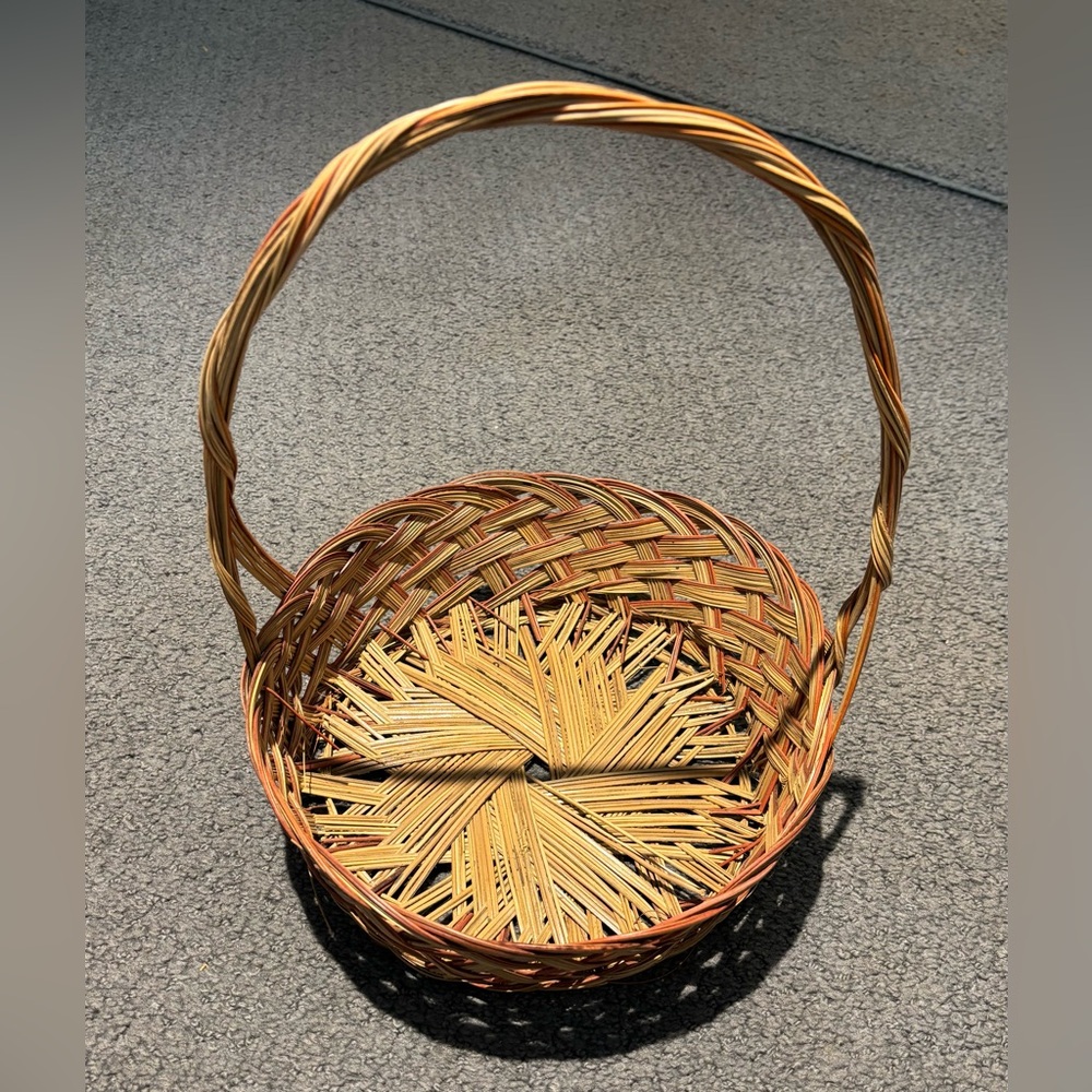 Vintage Basket with Handle Round Woven Wicker Rattan 10.5”